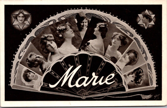 RPPC Large Letter Greetings of the Name Marie Women's Faces Folding Fan Star