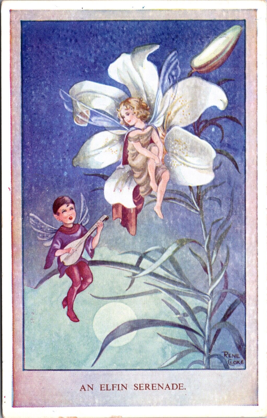 Rene Cloke artwork Pixie Fairy Playing Music Easter Lily Flowers Elfin Serenade