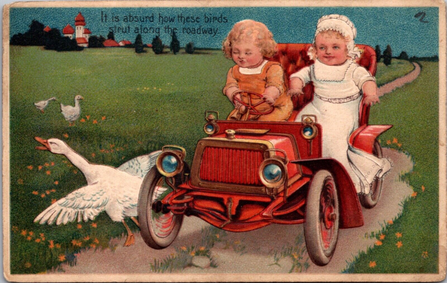 Artist Postcard Two Children Driving an Automobile Hitting a Goose on the Road