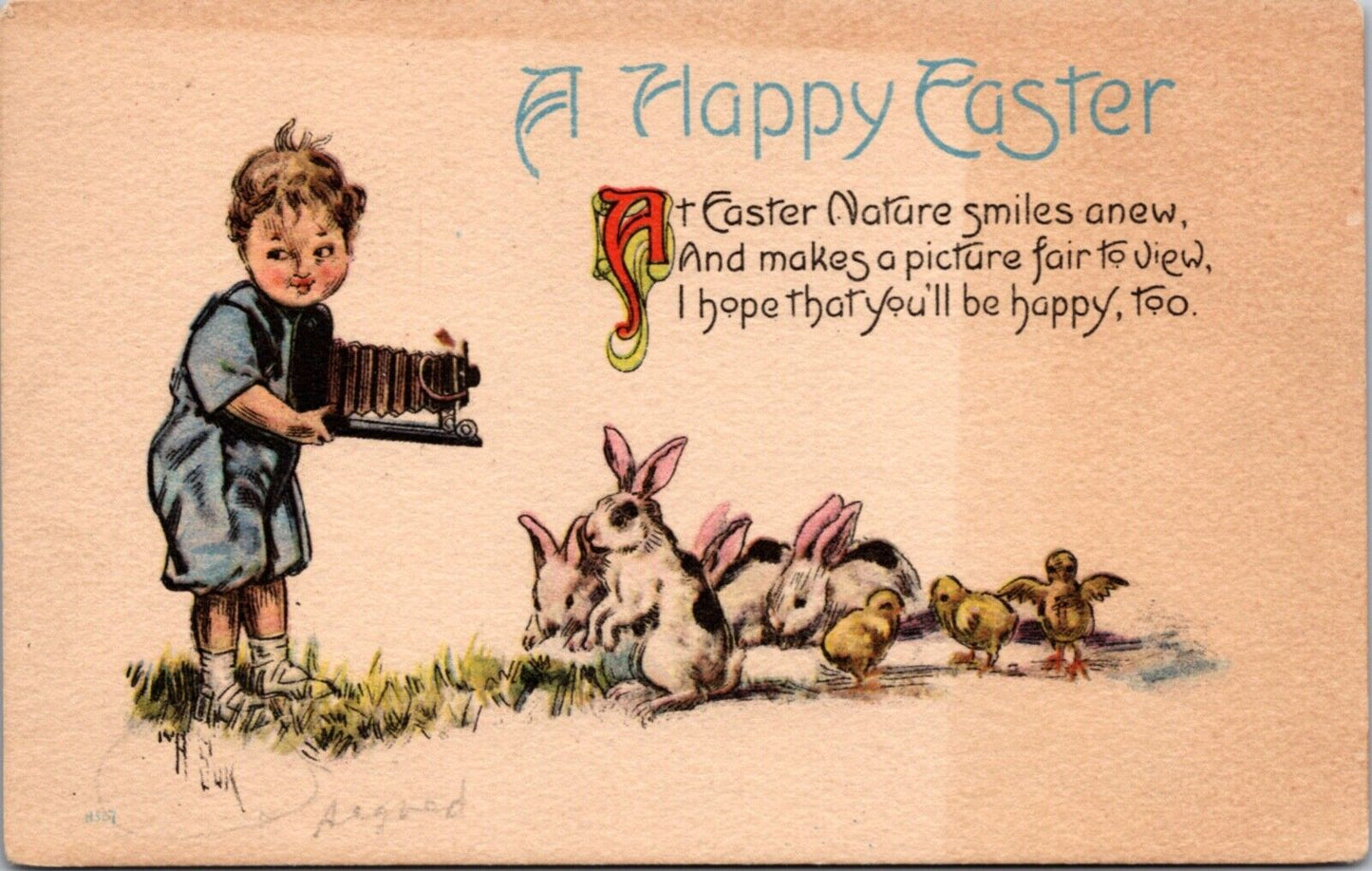 Easter Postcard Little Boy With According Camera Taking Photos of Bunny Rabbits