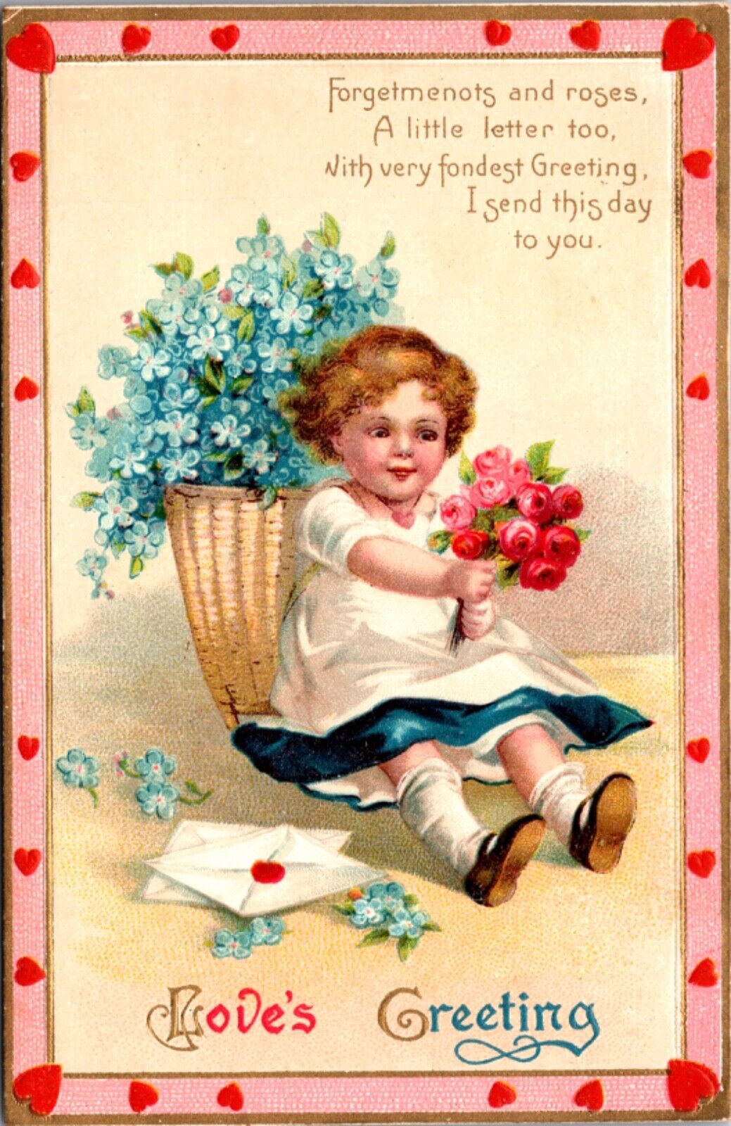 Valentine's Day Little Girl with Roses, Forget-Me-Not Flowers, Letter Envelope