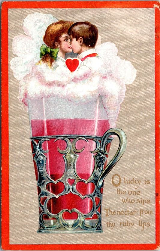 Valentine Postcard Man & Woman Kissing Inside Large Glass Nectar from Ruby Lips