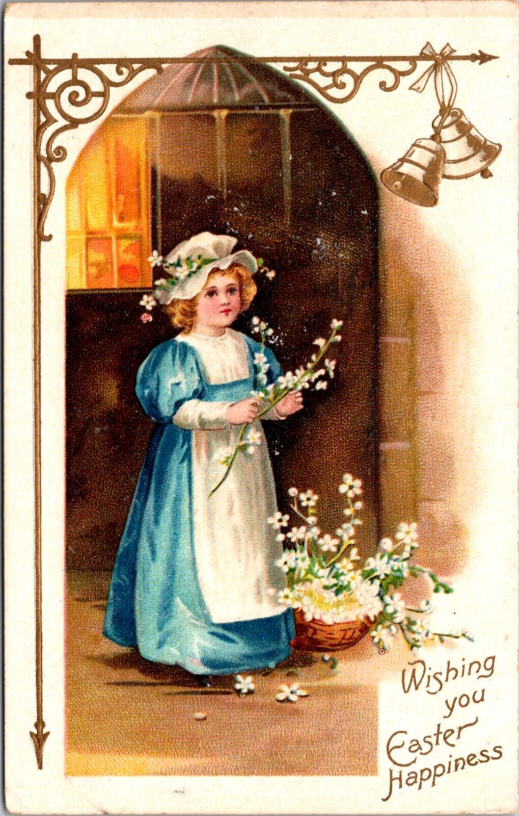 Easter Postcard Young Girl with a Basket of White Flowers