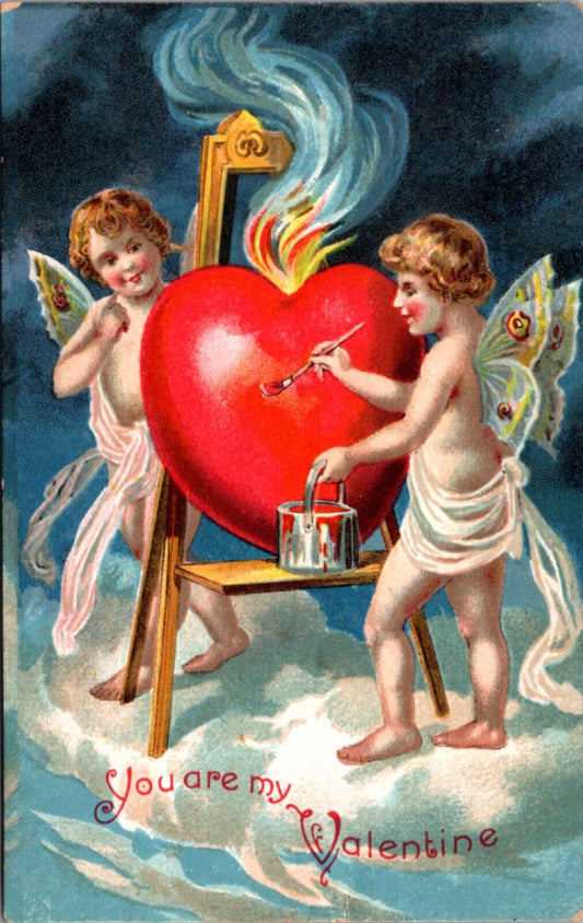 Valentine's Day Postcard Cherub Cupid Butterfly Wings Painting Heart on Fire