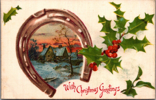 Silk Christmas Greetings Postcard Snowy Country Scene Inside Horseshoe Holly