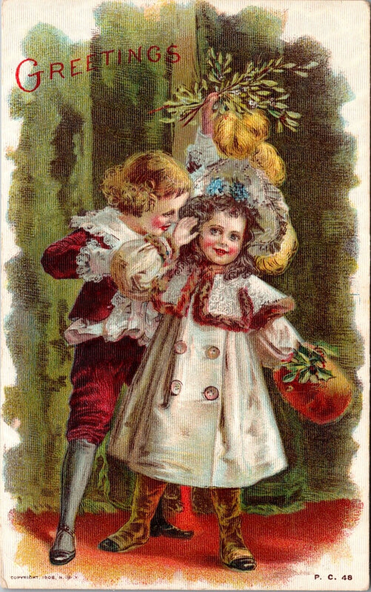 Christmas Postcard Little Boy Holding Mistletoe Over Little Girl