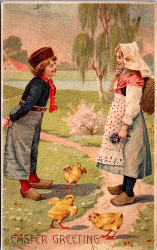 Easter Postcard Dutch Boy Greeting Girl on Walk with Chicks