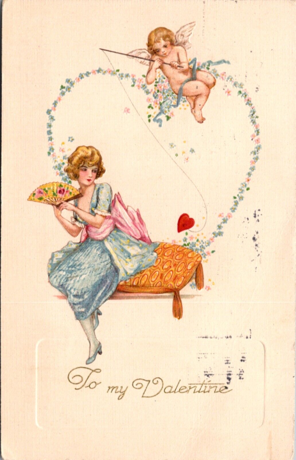 Valentine PC Cupid Cherub Dangling Heart on String Over Woman Folding Fan Flower