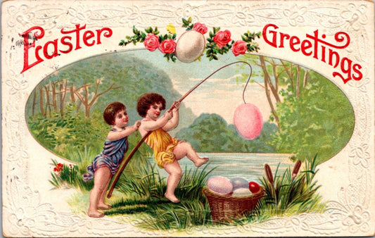 Easter Greetings Postcard Children Fishing Colored Eggs Out of Water Lake