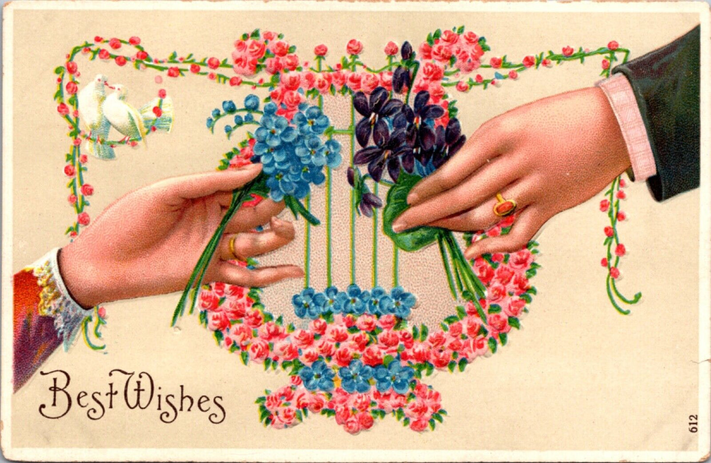 Best Wishes Postcard Man and Woman Hands Holding Flowers, White Doves