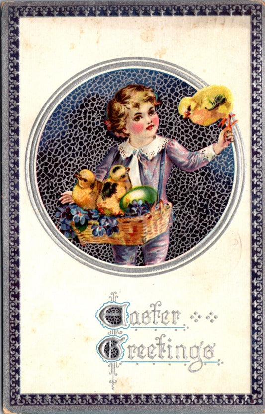 Easter Postcard Boy with a Basket of Chicks Green Colored Egg Purple Flowers