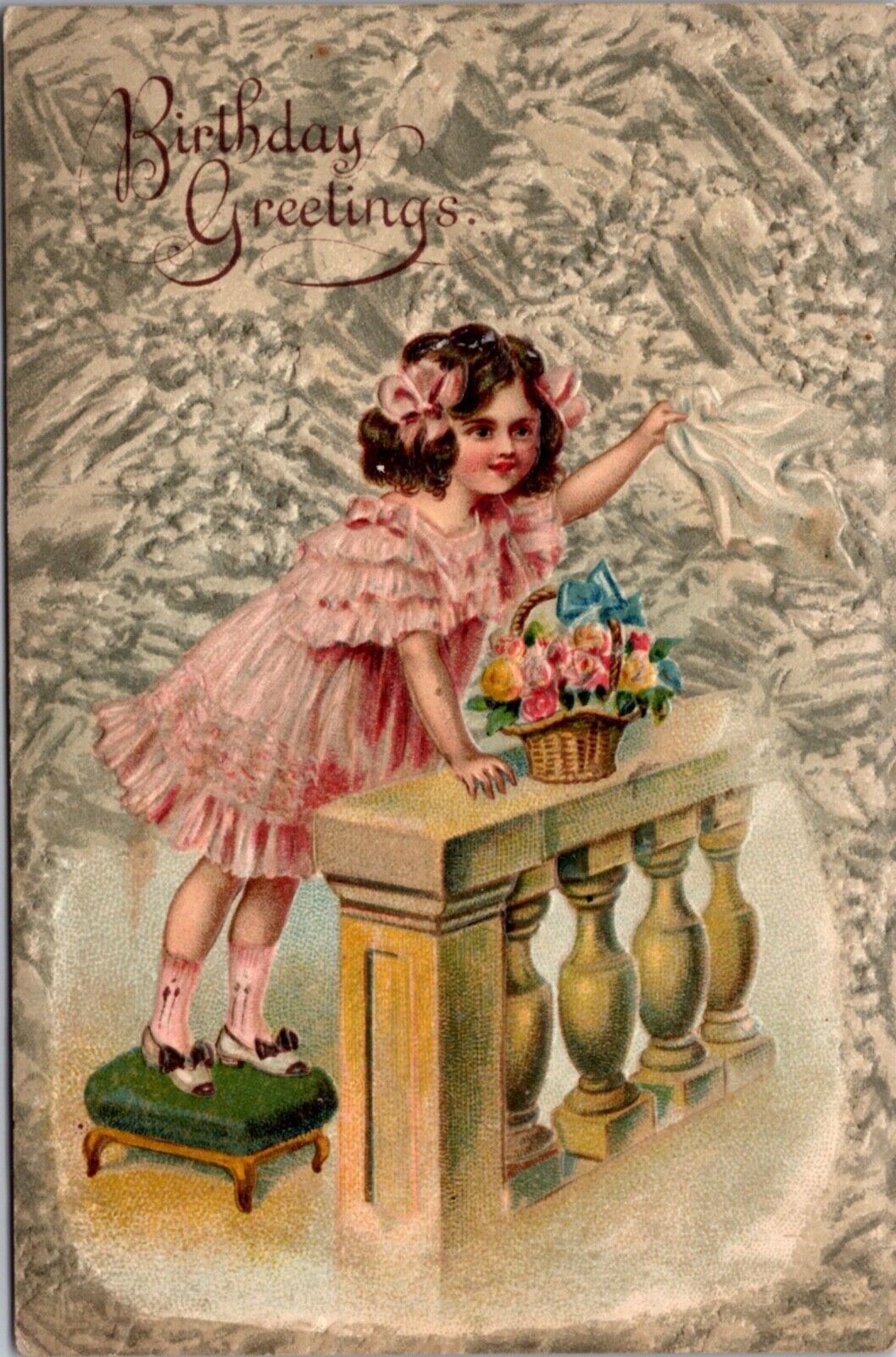 Birthday Greetings Postcard Young Girl Waving White Handkerchi Basket of Flowers