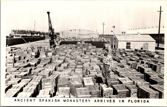 RPPC Ancient Spanish Monastery Arrives in Florida Shipping Crates on Dock