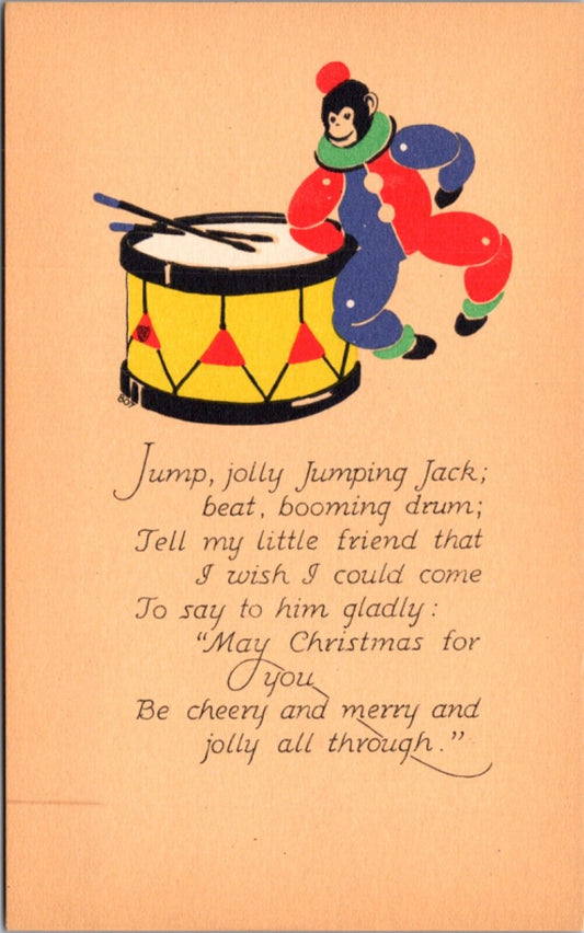 1915 Volland Christmas Postcard Jump Jolly Jumping Jack Monkey, Drum, Poem