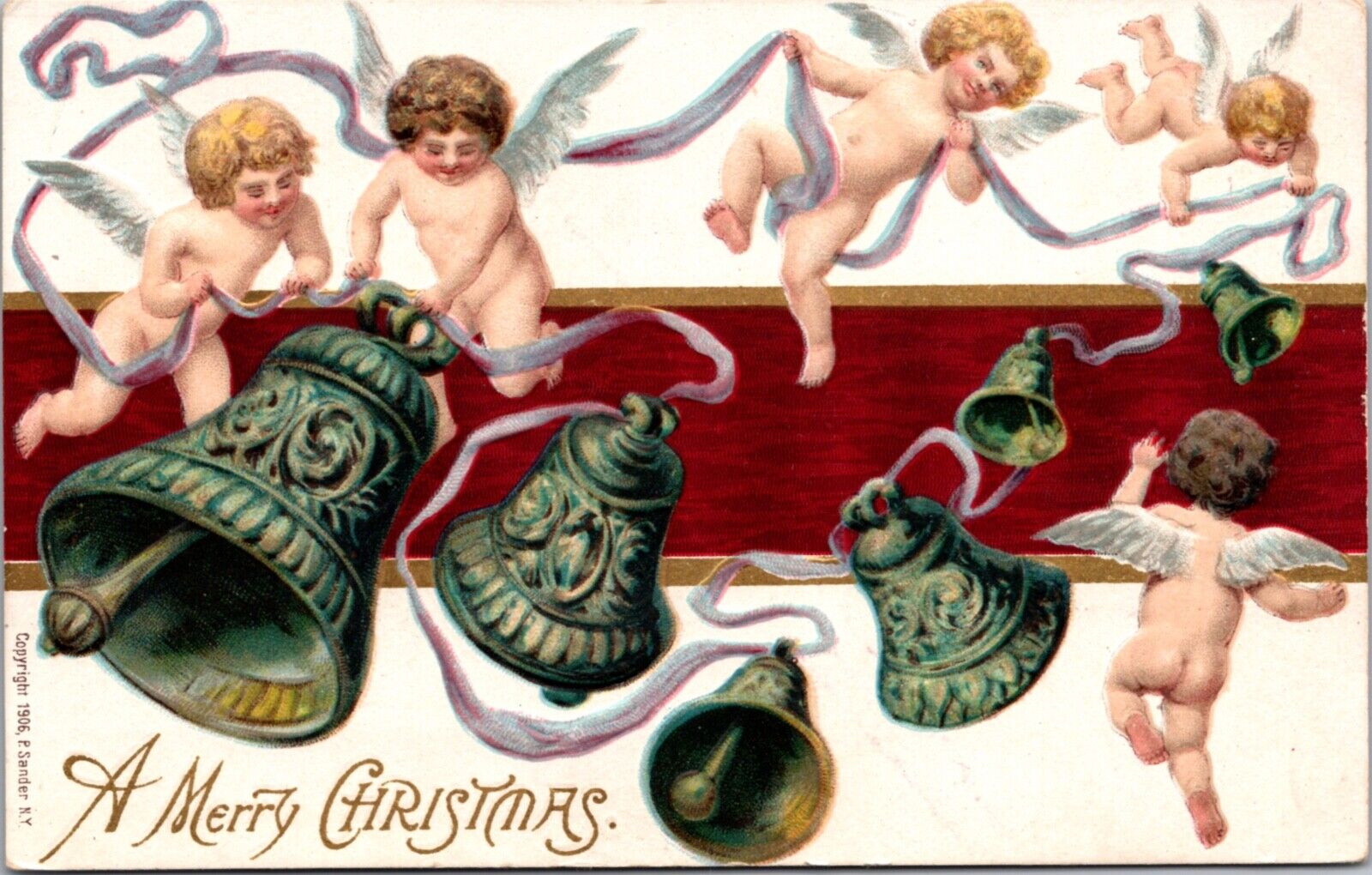 Christmas Postcard Cherub Cupid Angels Flying Around Green Bells