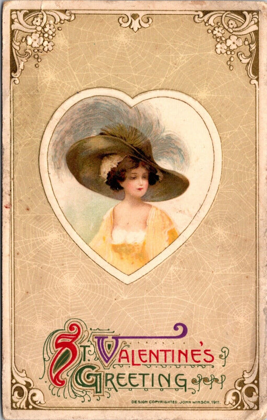 1911 Winsch Valentine Postcard Young Woman Wearing Giant Hat with Feather