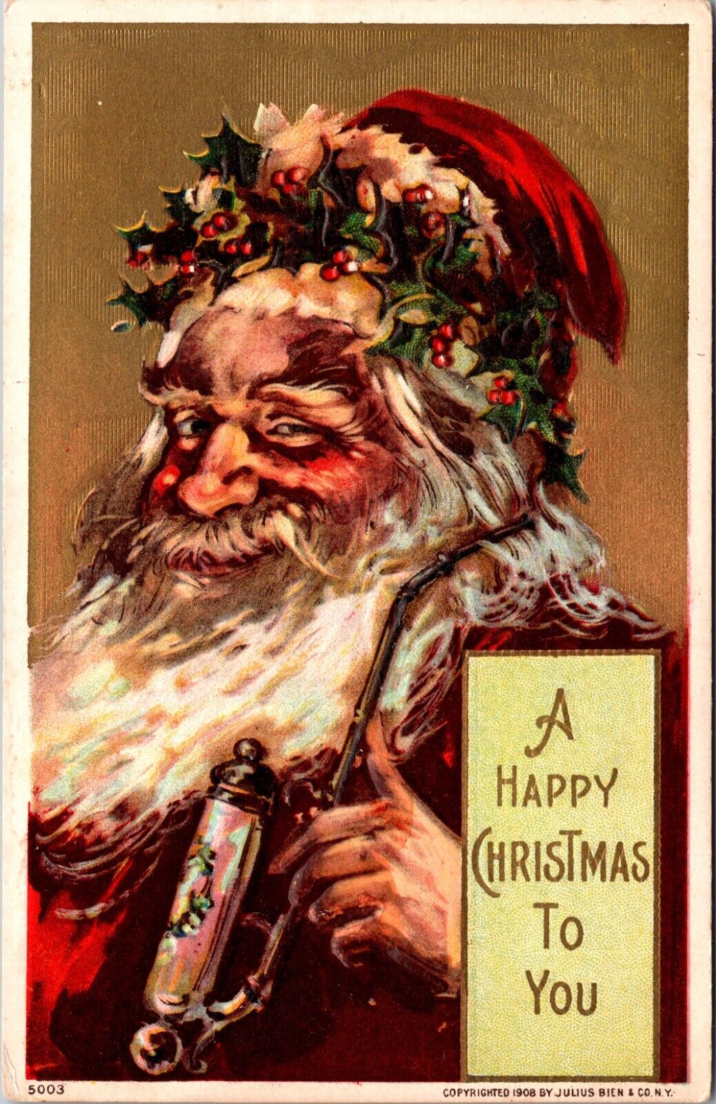 A Happy Christmas To You Postcard Portrait Jolly Santa Large Smoking Pipe