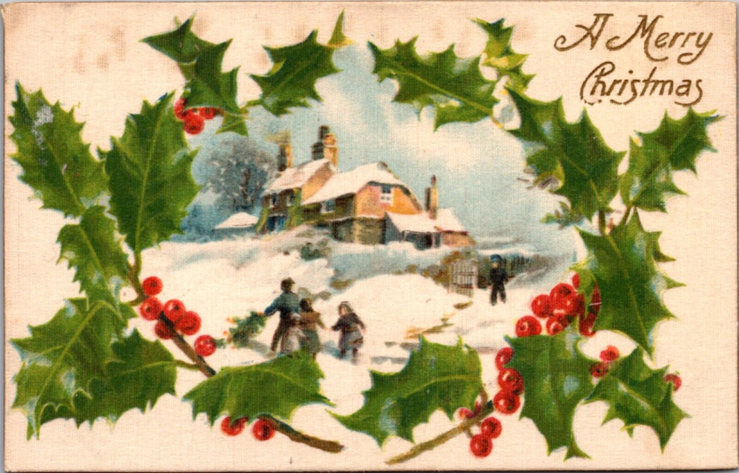 Silk Christmas Winsch Postcard Snowy Countryside Scene Children Family