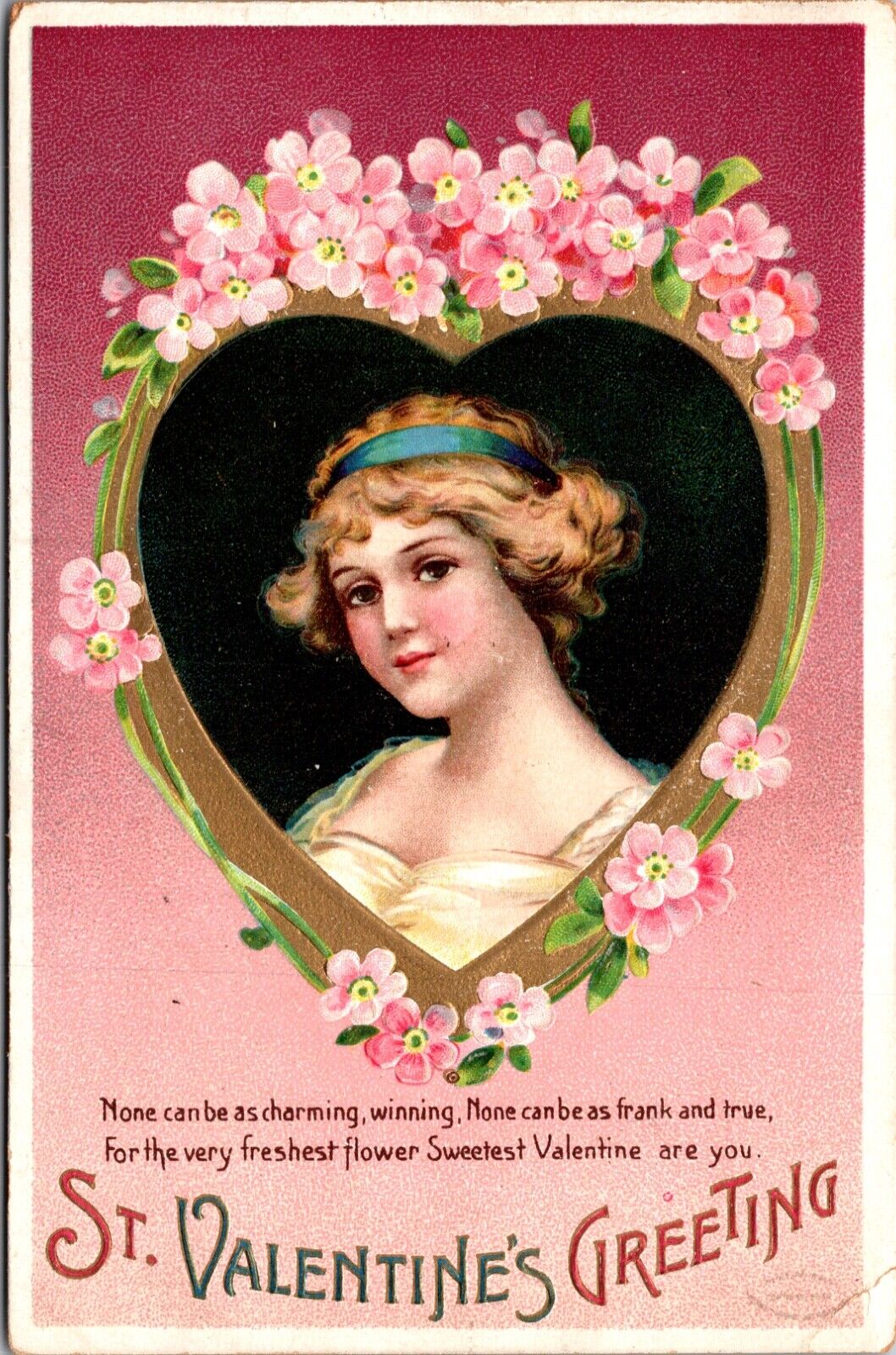 Valentine Postcard Woman's Portrait Inside Gold Heart with Pink Flowers