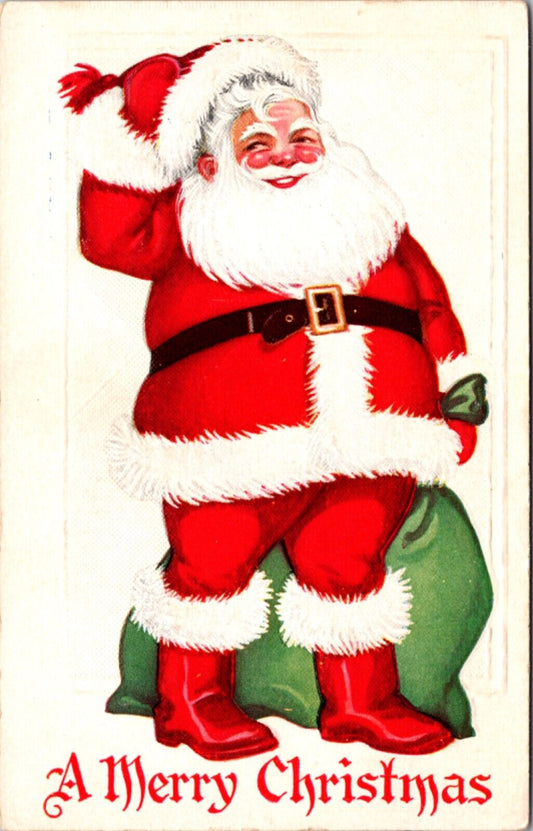 Christmas Postcard Jolly Santa Claus Holding Green Bag Sack of Toys