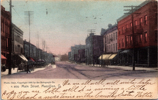 1905 Hand Colored Postcard Main Street in Massillon, Ohio