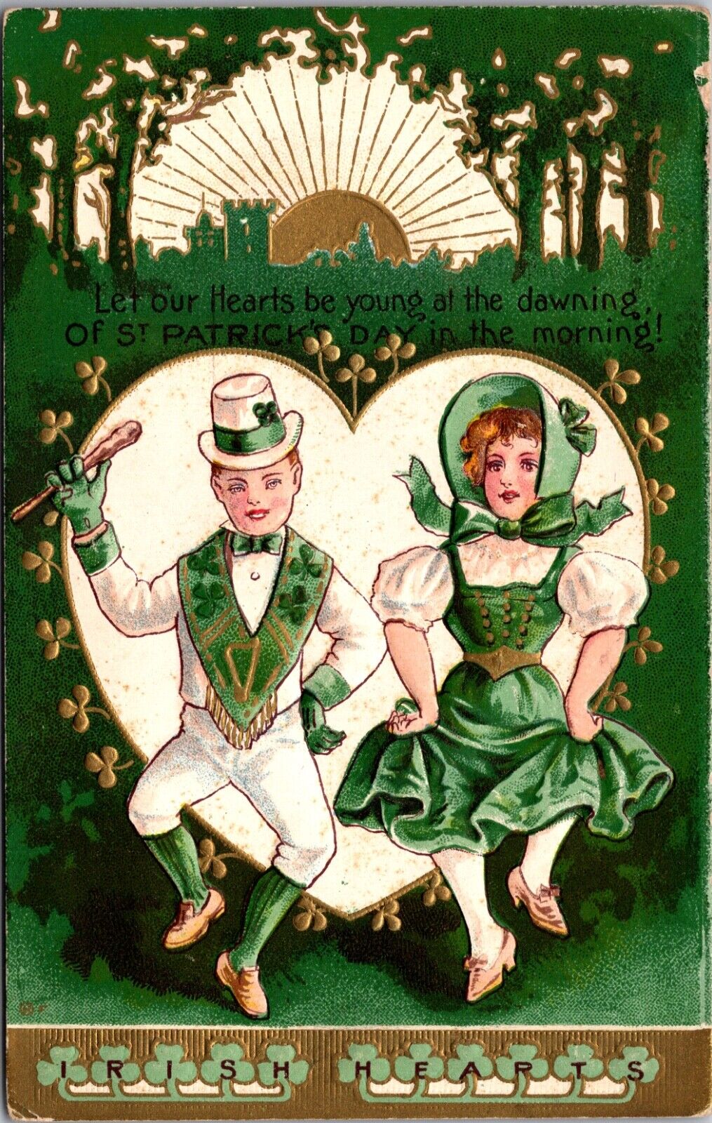 St. Patrick's Day Postcard Clovers Irish Hearts Dancing Children