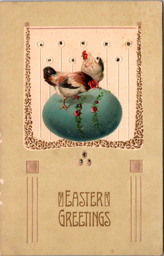 Six Embossed Easter Postcards Chicken and Roosters Standing on Colored Eggs