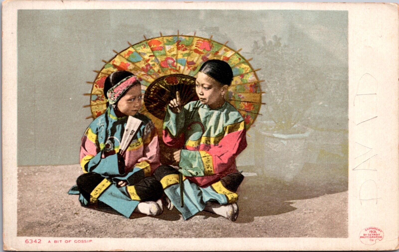 1901 PC A Bit of Gossip Two Asian Chinese Girls Talking Under Paper Umbrella