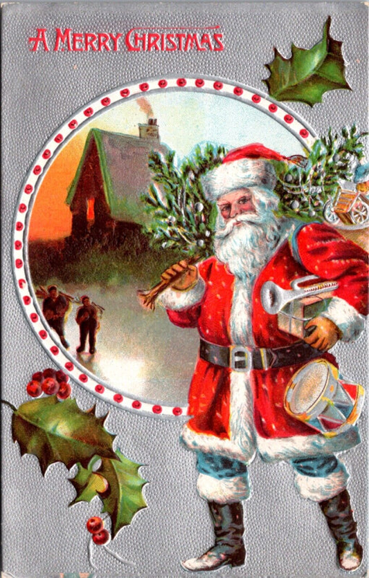 Christmas Postcard Santa Claus Wearing Blue Pants Carrying Drum, Toys, Tree