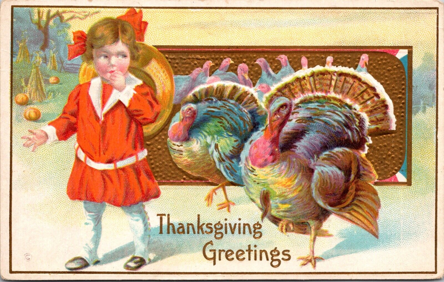 Thanksgiving Postcard Little Girl with a Gaggle of Turkeys