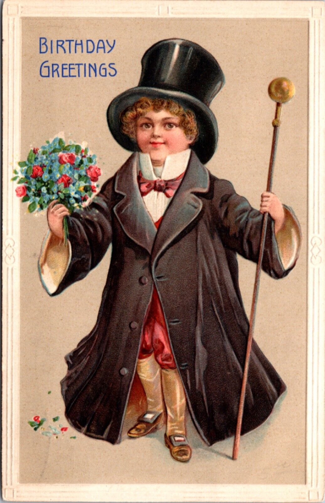 Birthday Greetings Postcard Little Boy Wearing Man Overcoat, Top Hat, Staff