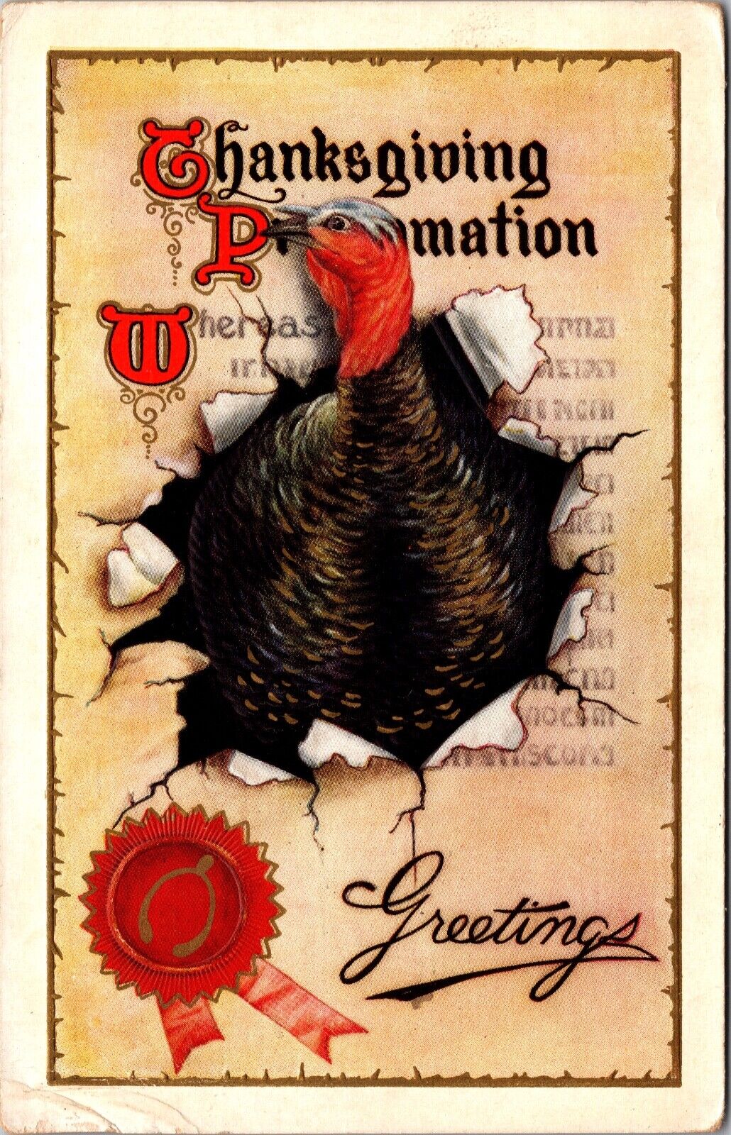 Thanksgiving Proclamation Greetings PC Turkey Pushing Through Paper Wishbone