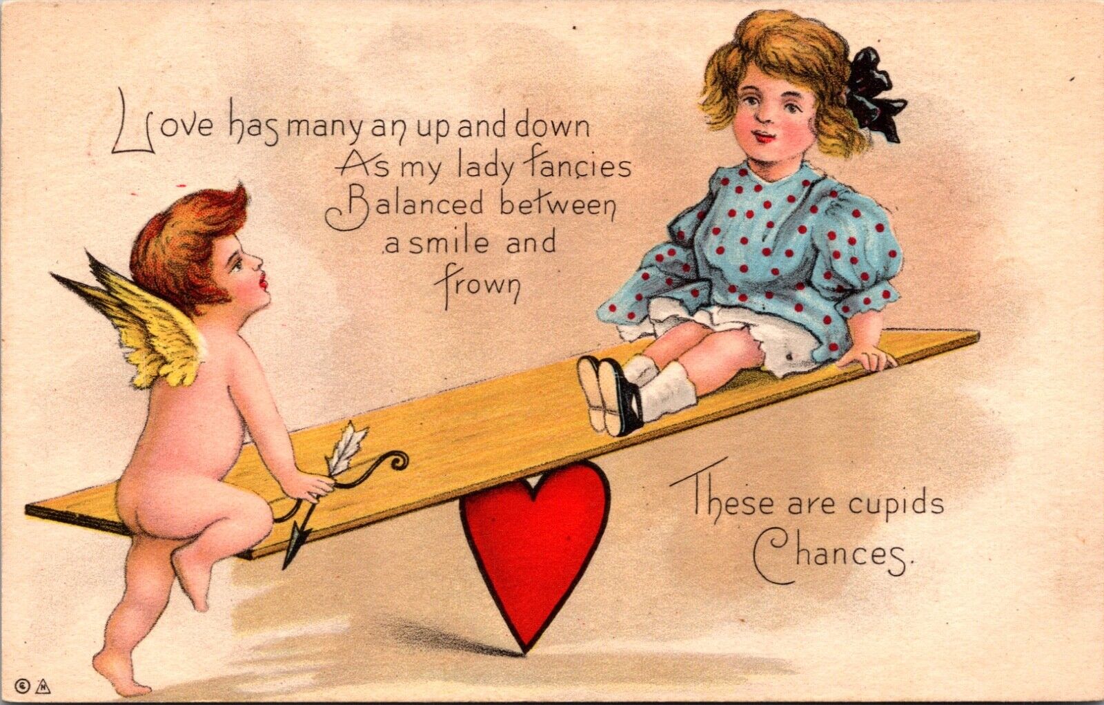 Valentine Postcard Cupid Angel Cherub on Heart SeeSaw with Little Girl