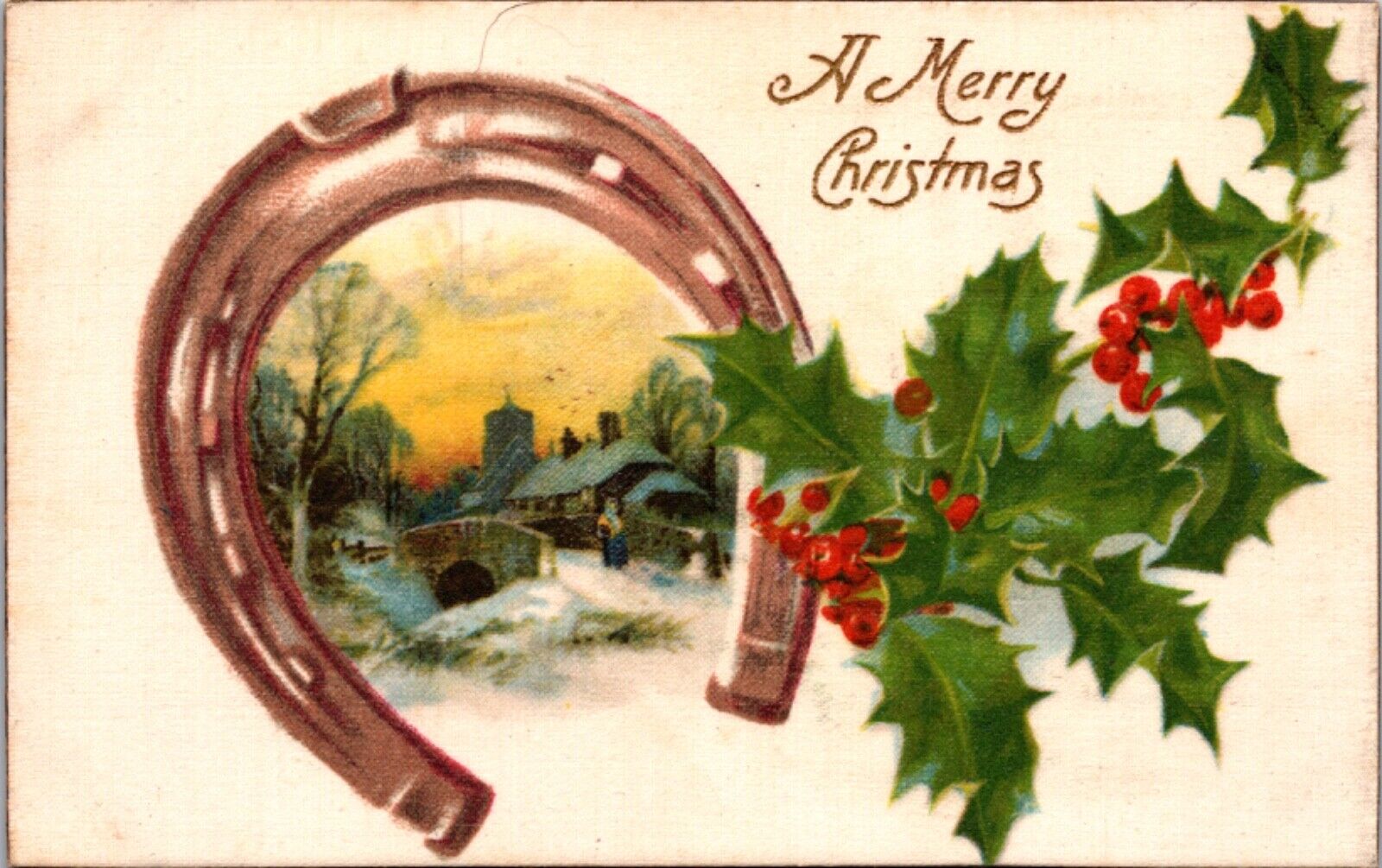 Silk Merry Christmas Postcard Winter Snowy Bridge Country Scene Horseshoe Holly