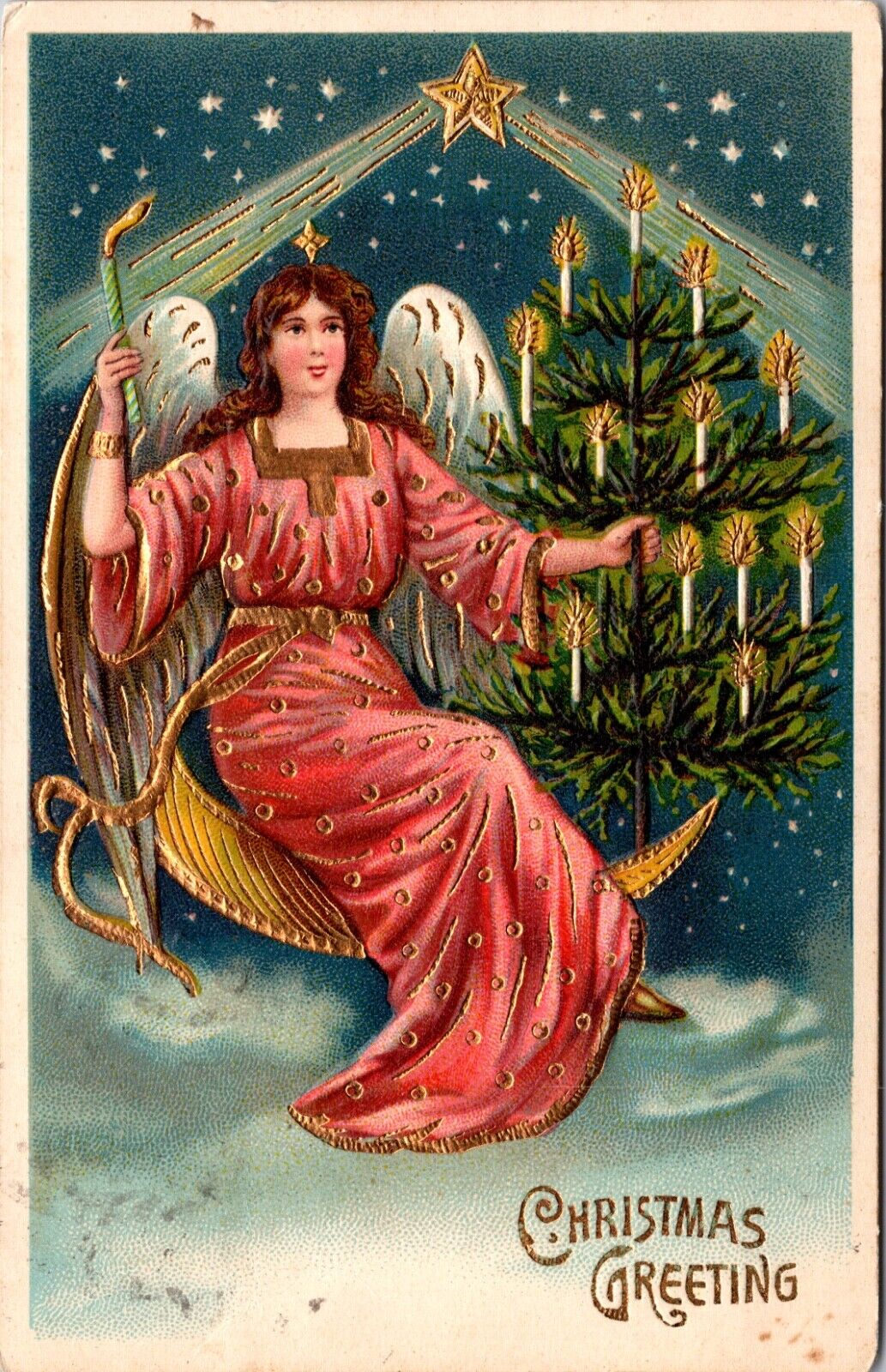 Christmas Postcard Angel Flying In The Clouds Gold Crescent Moon Candlelit Tree