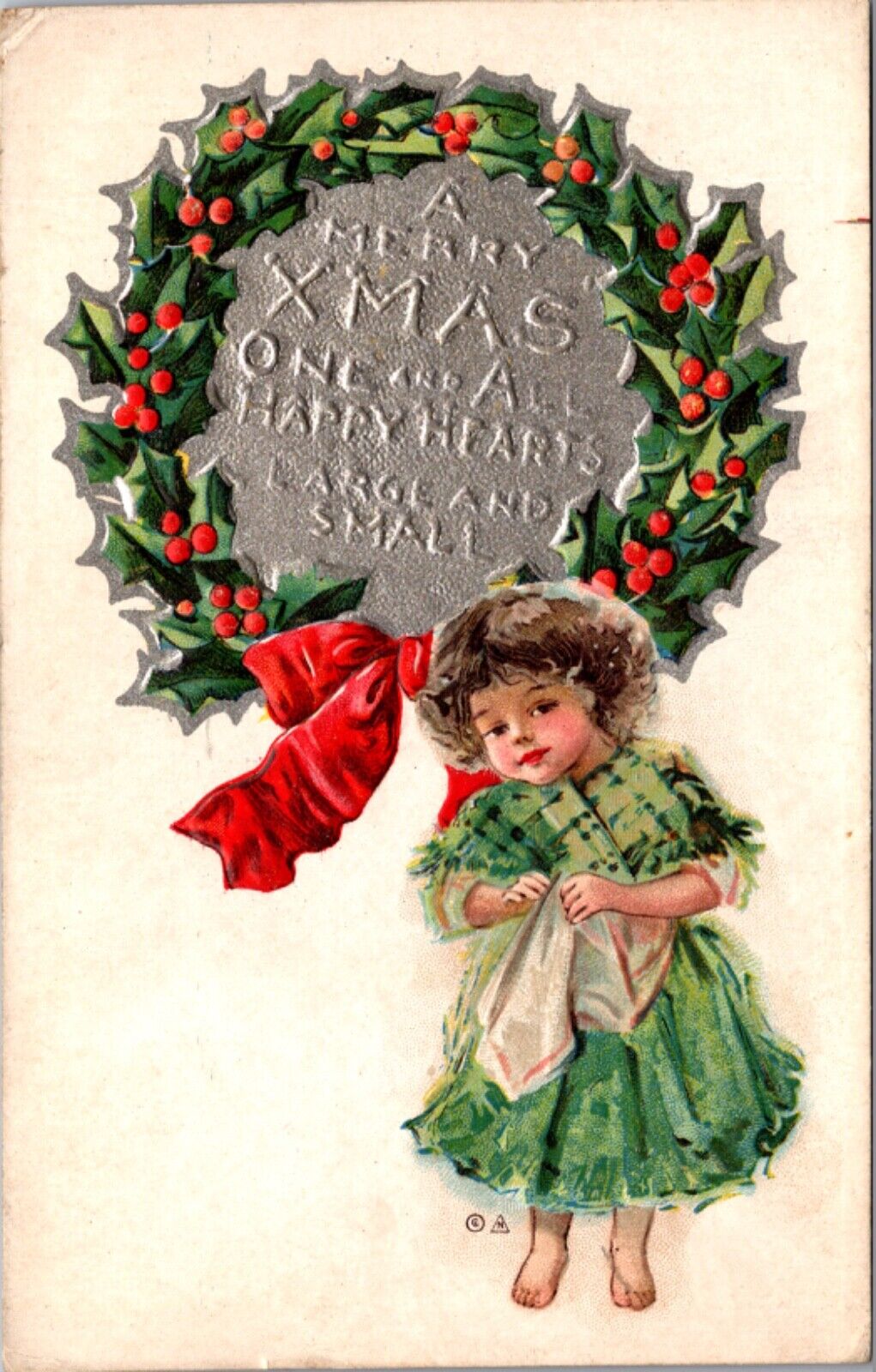 Christmas Postcard Little Barefoot Girl Wearing Green, Giant Holly Wreath