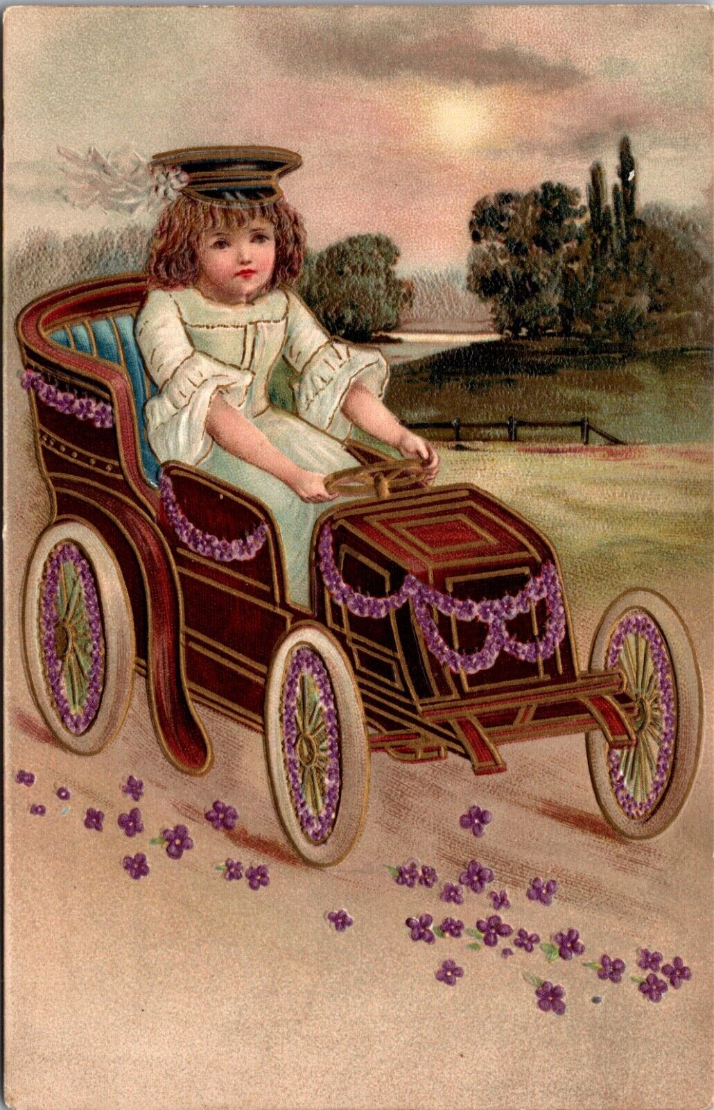 Artwork Postcard Young Girl Driving an Automobile Purple Flowers