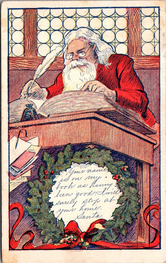 Christmas PC Santa Claus Using Feather Pen Writing in Giant Book Checking List