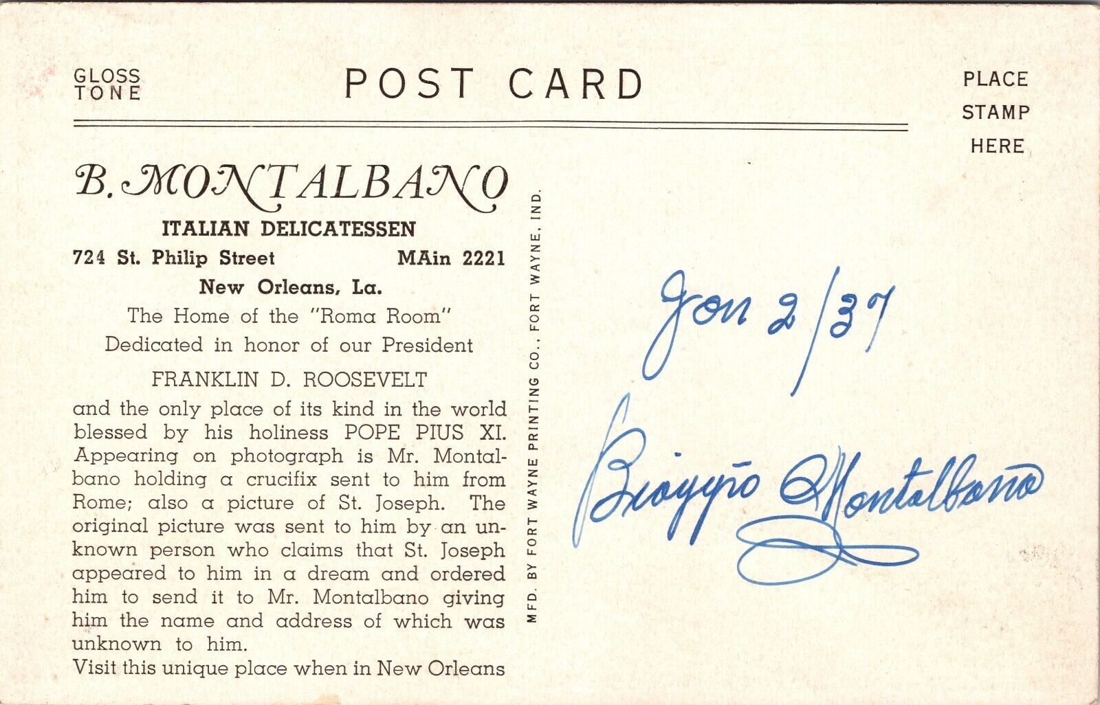 Signed PC Roma Room B. Montalbano Italian Delicatessen in New Orleans, Louisiana