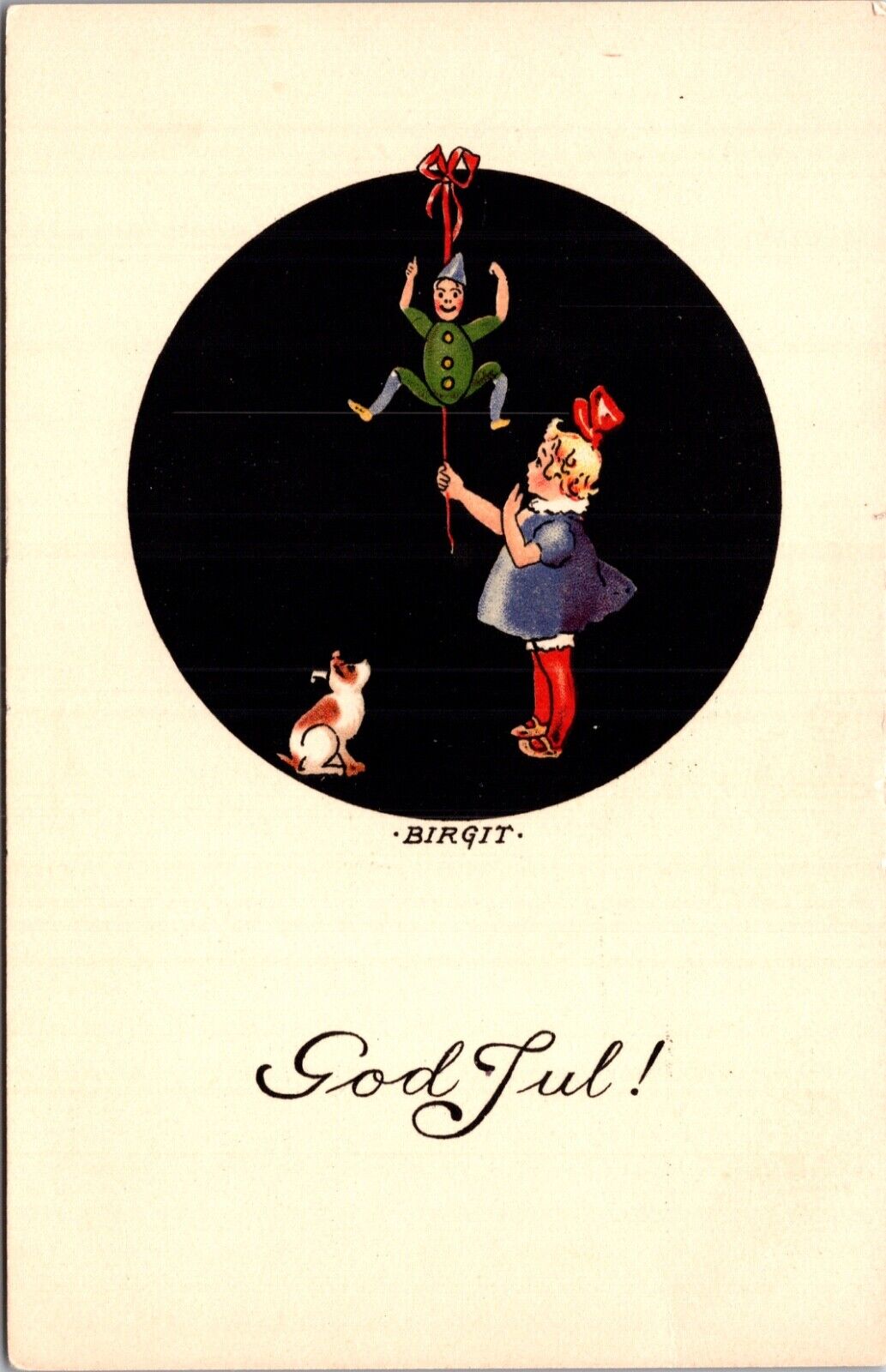 Birgit artwork Postcard God Jul Little Girl and Dog Pulling String on Moving Toy