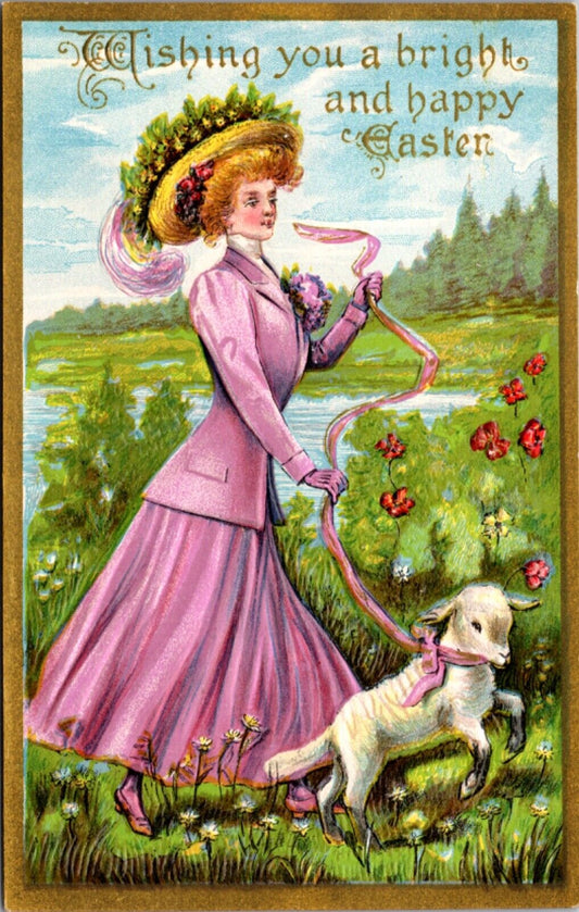 Easter Postcard Well Dressed Woman Walking a Lamb on a Ribbon Leash