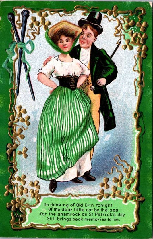 St. Patrick's Day Postcard Irish Man and Woman Gold Clover Border Shamrock