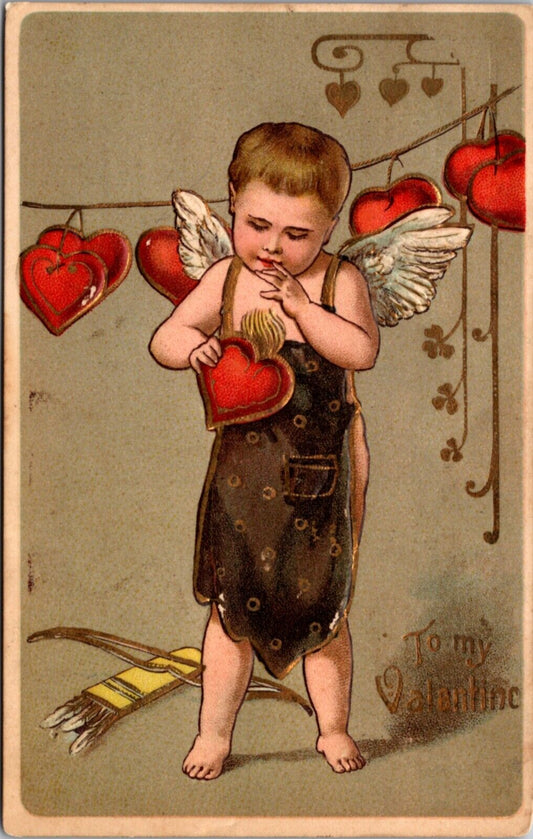 Valentine's Day Postcard Cherub Cupid Blacksmith with Heart on Fire