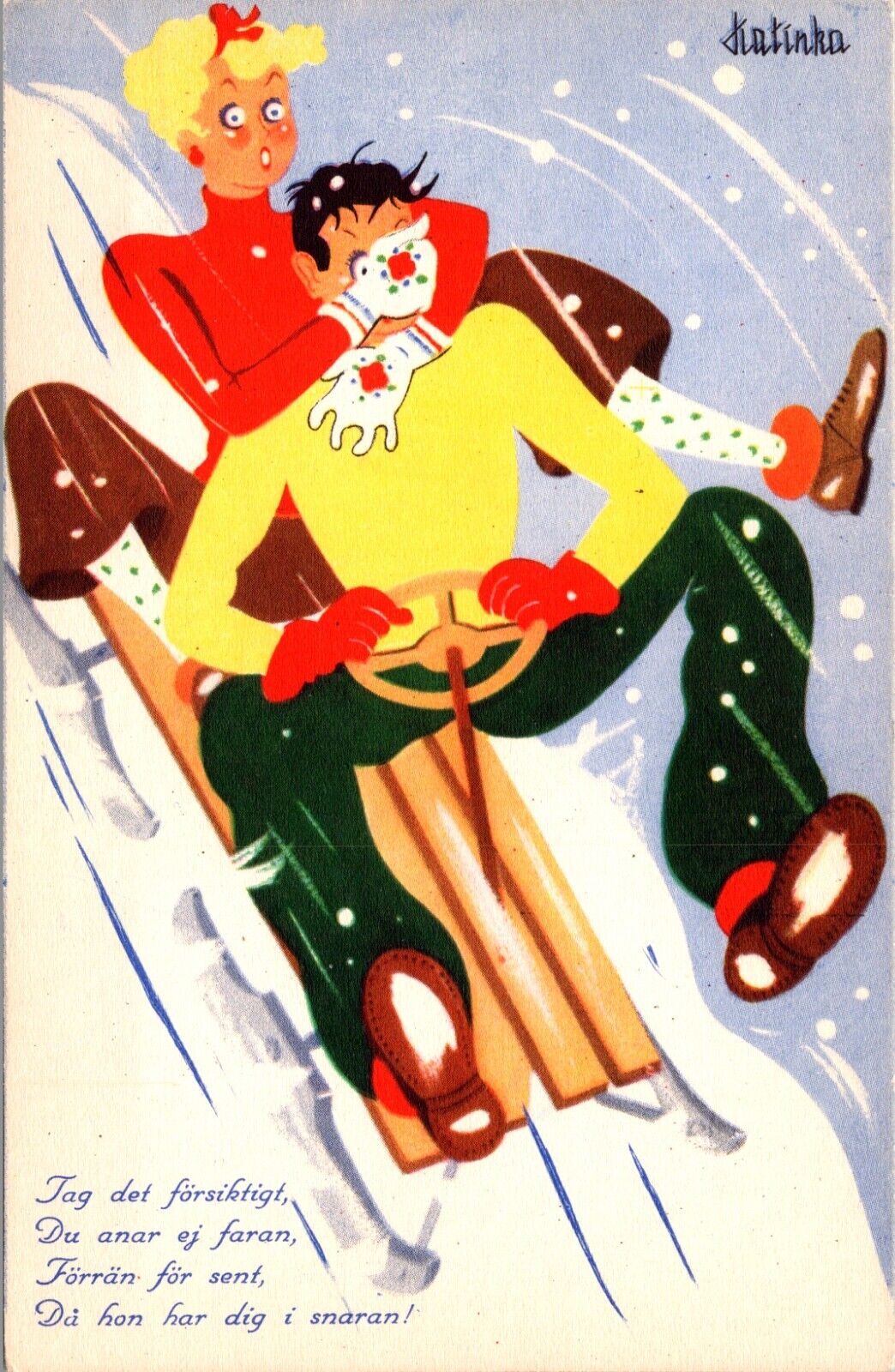 Artwork Postcard Woman Covering Mans Face as the Sled Down a Snow Hill