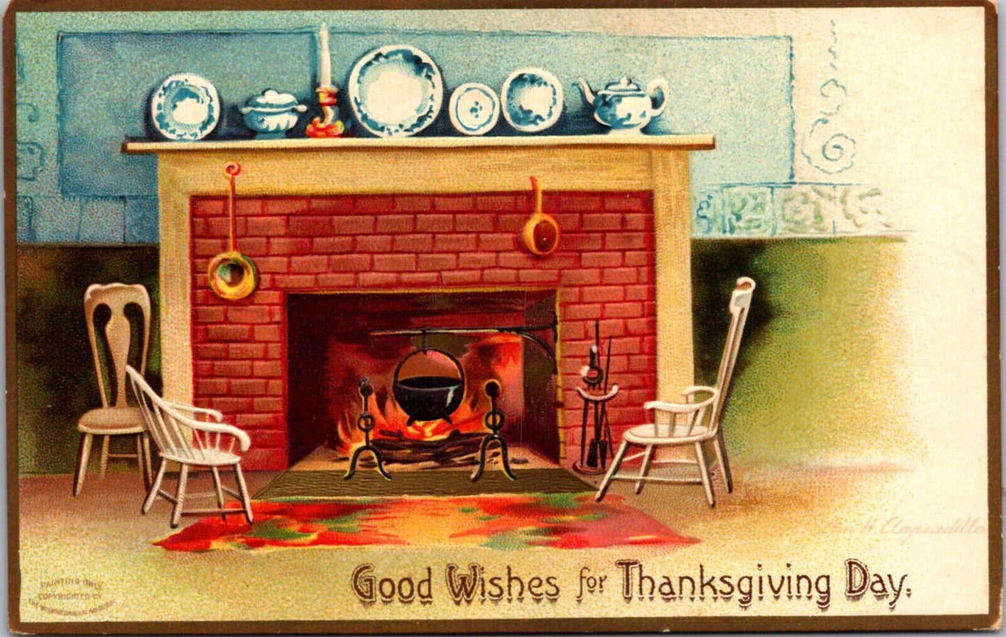 Clapsaddle Thanksgiving Day Postcard Kettle Cooking Inside Fireplace