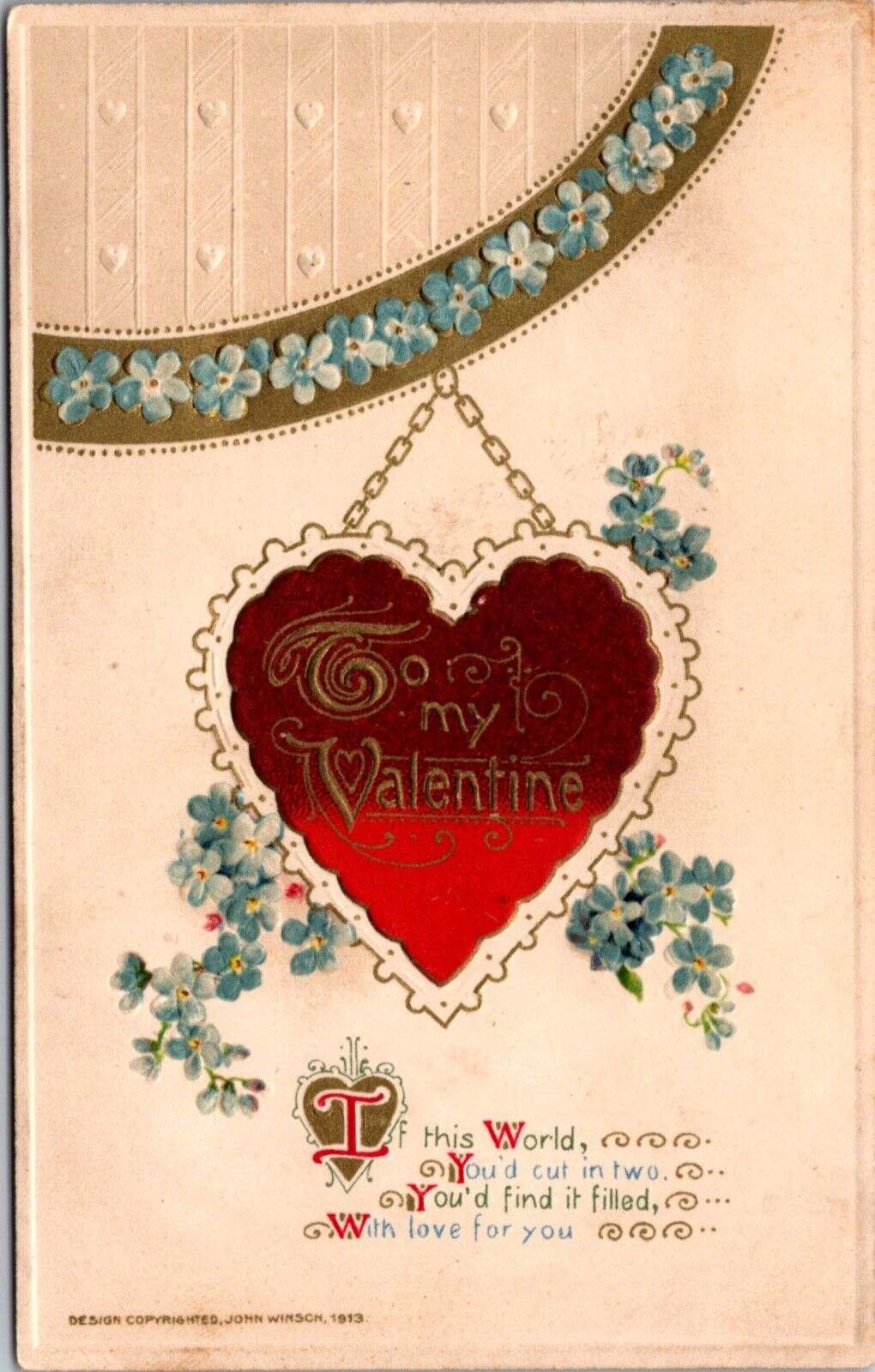 1913 Winsch Valentine's Day Postcard Blue Flowers Red Heart and Poem