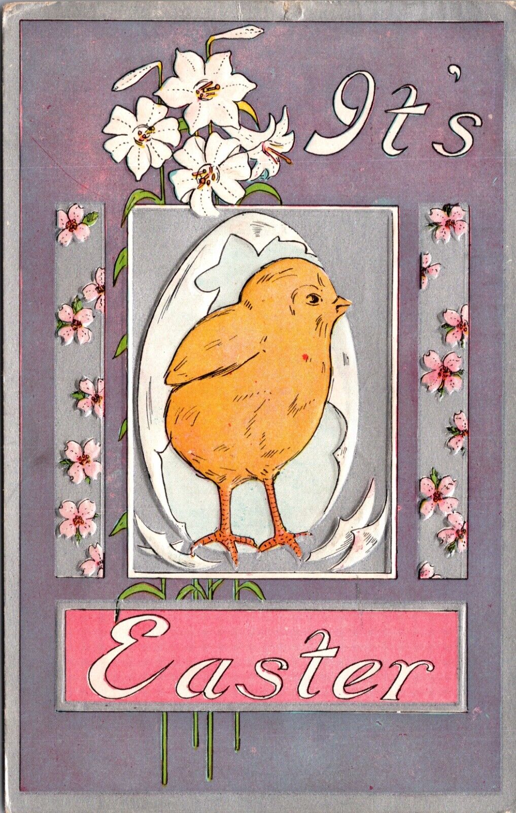 Easter Postcard Chick Breaking Out of Shell Easter Lily Flowers