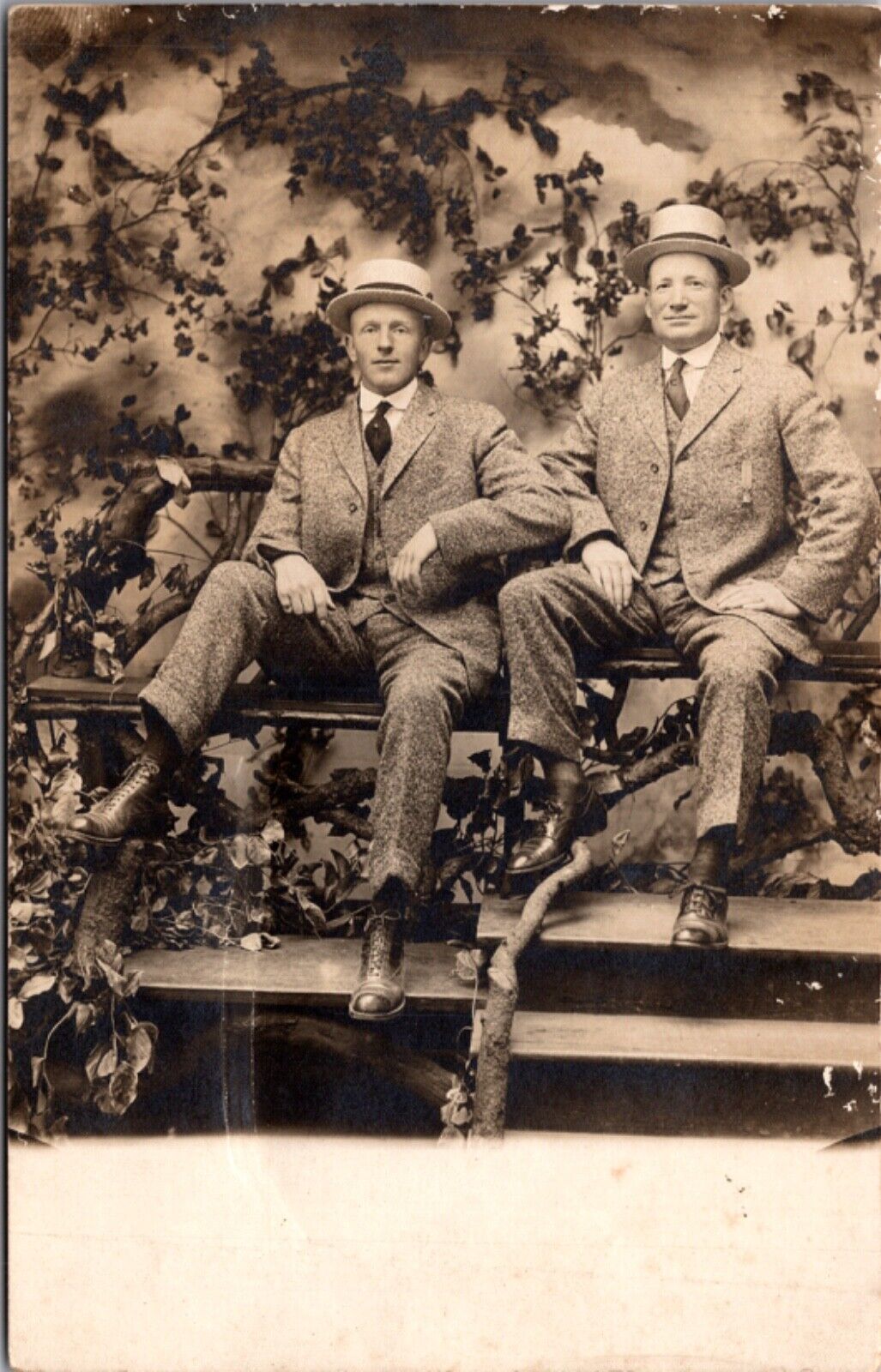 Real Photo Studio Postcard Two Men, Maybe Father/Son Well Dressed Tree Garden