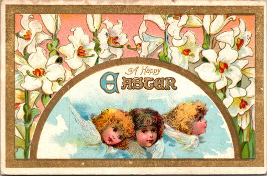 Easter Postcard Angel Heads with Wings Floating in the Sky Easter Lily Flowers