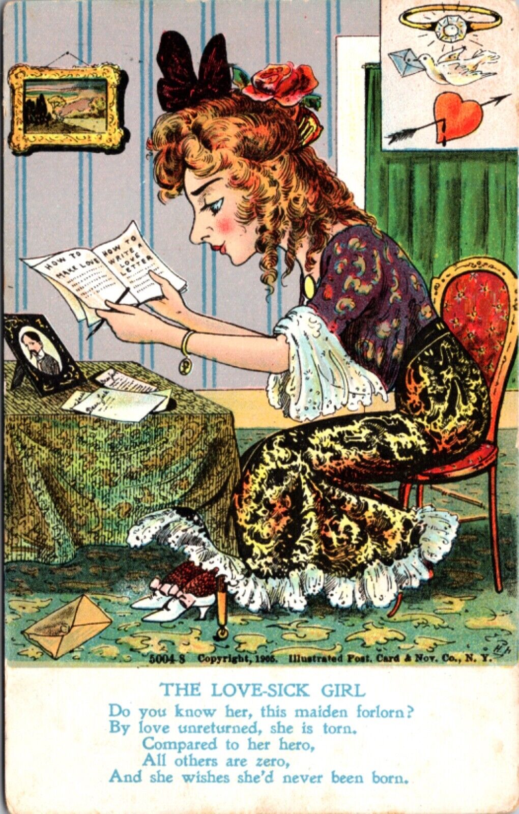 1905 Artist Postcard The Love-Sick Girl Writing Letter Reading How to Make Love